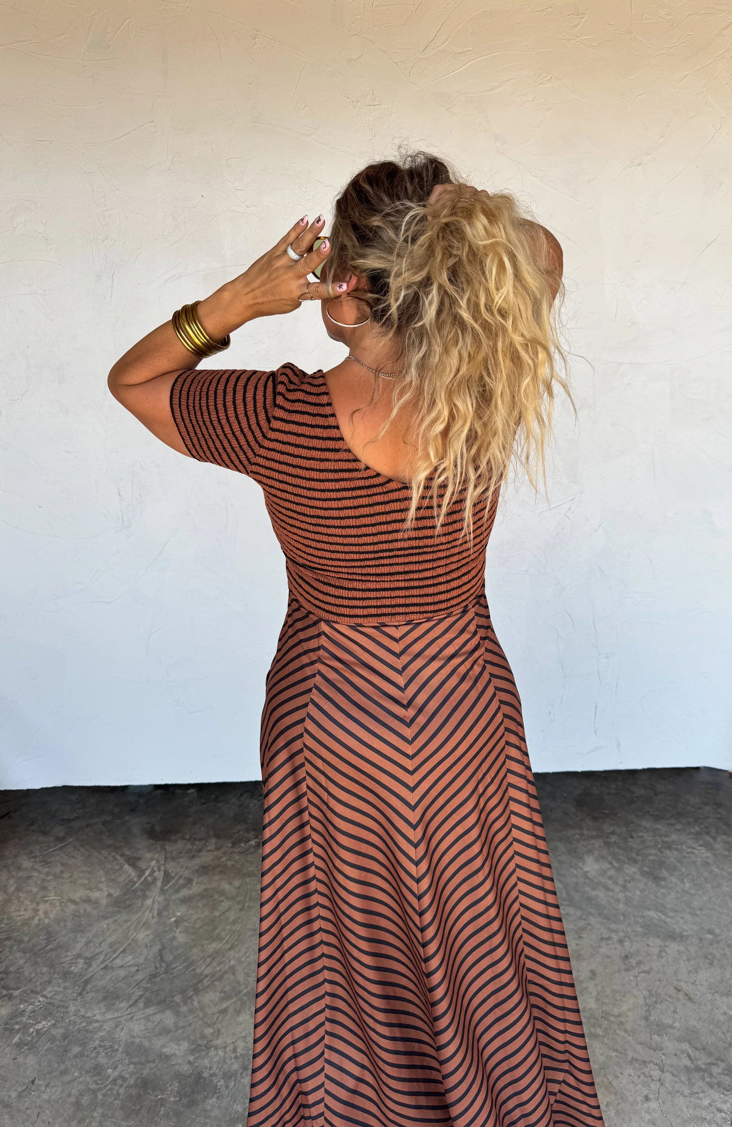 Contrast A-line dress with pockets and knit top, timeless boho-chic style.