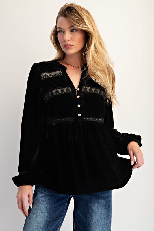 Black Velvet Blouse. oversized Ft. Lace insets. Perfect for Fall-Winter. Holiday Wear. Boho-chic.