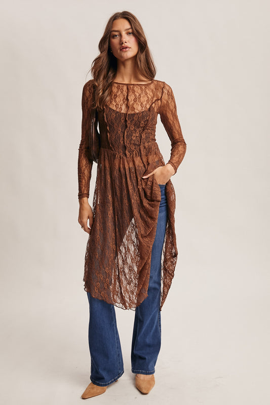 Brown lace Overlay Top/Dress. Boho-chic. Breathabe Material. Unique Style.