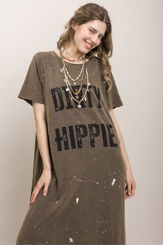 Close-up of the Dirty Hippie Graphic Maxi Dress by Blue Velvet showcasing the vintage-inspired graphic, distressed neckline, layered boho necklaces, and relaxed cotton fit.