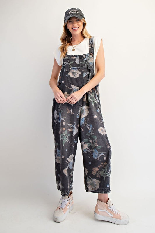 Relaxed, Oversized, barrel style-fit, with floral print design. Adjustable shoulder straps and a dropped crotch to make this tall girl, and long torso, friendly.
