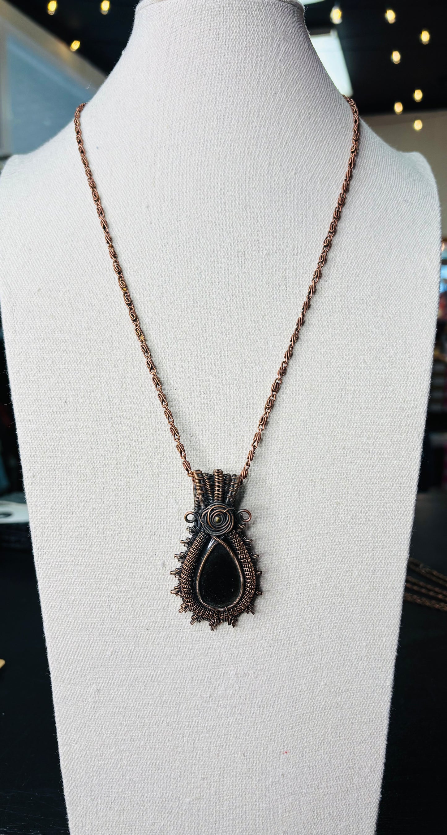 Golden Sheen Obsidian Pendant with Copper Wrap and Necklace