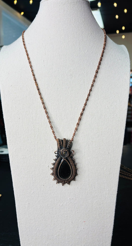 Golden Sheen Obsidian Pendant with Copper Wrap and Necklace