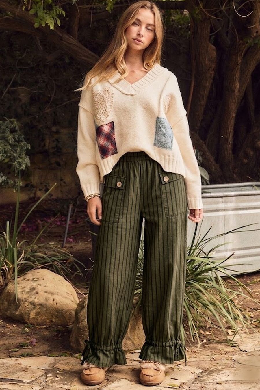 Free Spirit olive stripe wide leg pants by Oddi with flap pockets, tiered panels and adjustable gathered ruffle hems
