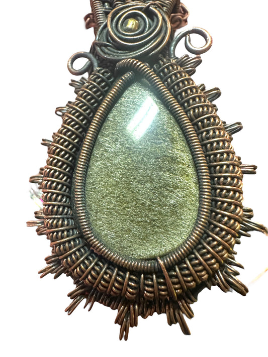 Golden Sheen Obsidian Pendant with Copper Wrap and Necklace