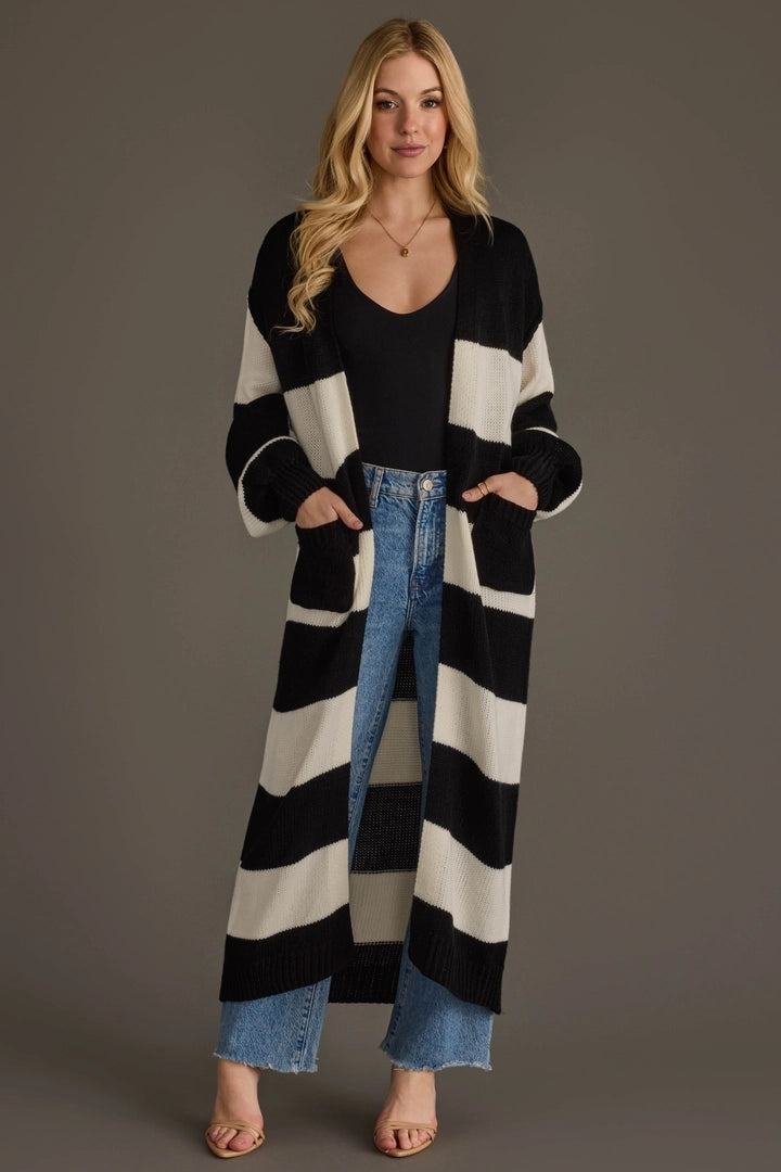 Black and white striped Panache duster cardigan with front patch pockets and open front