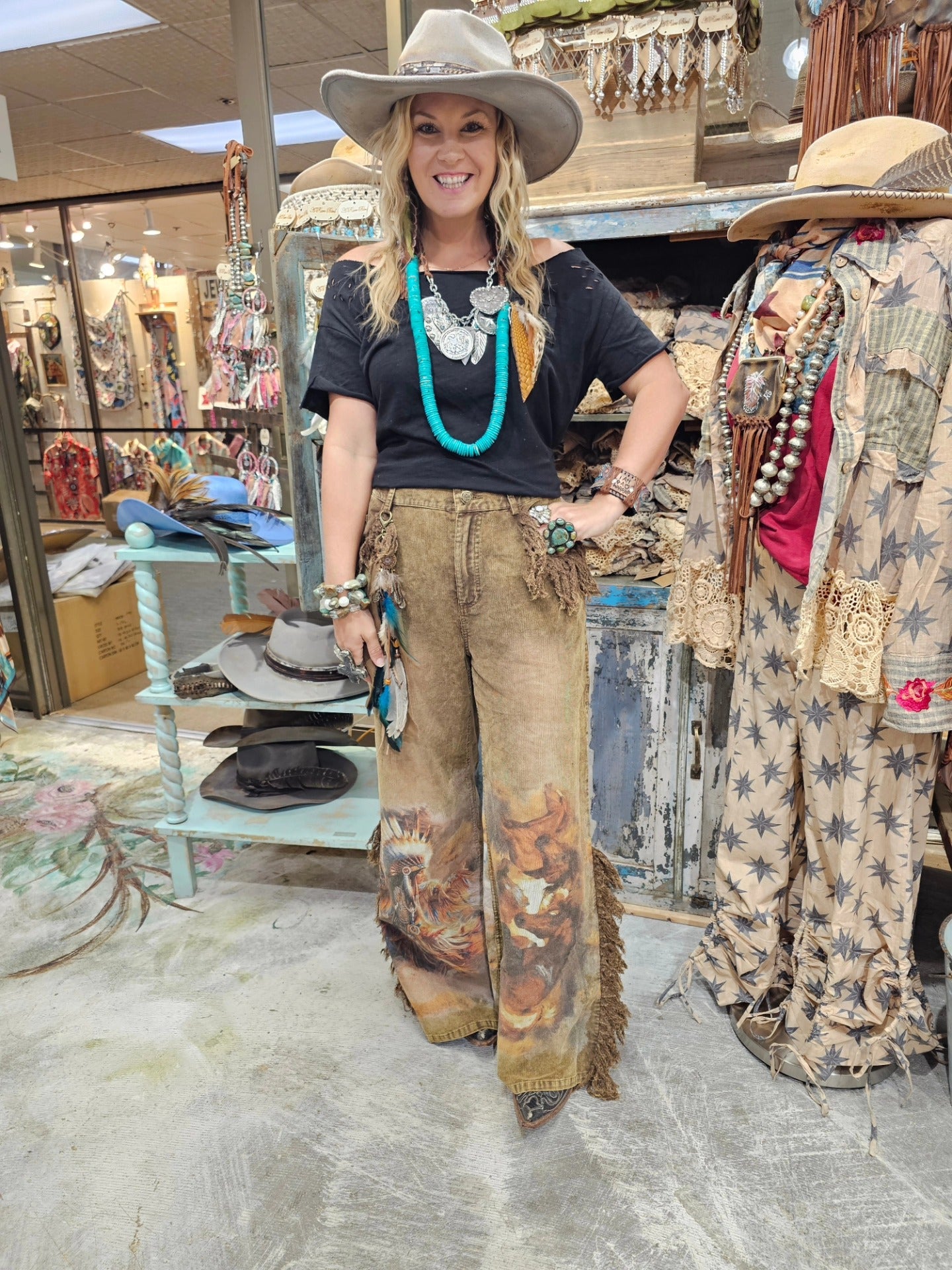 Native American and Equestrian Images on Pants. Original Artwork and Designs by A Rare Bird.