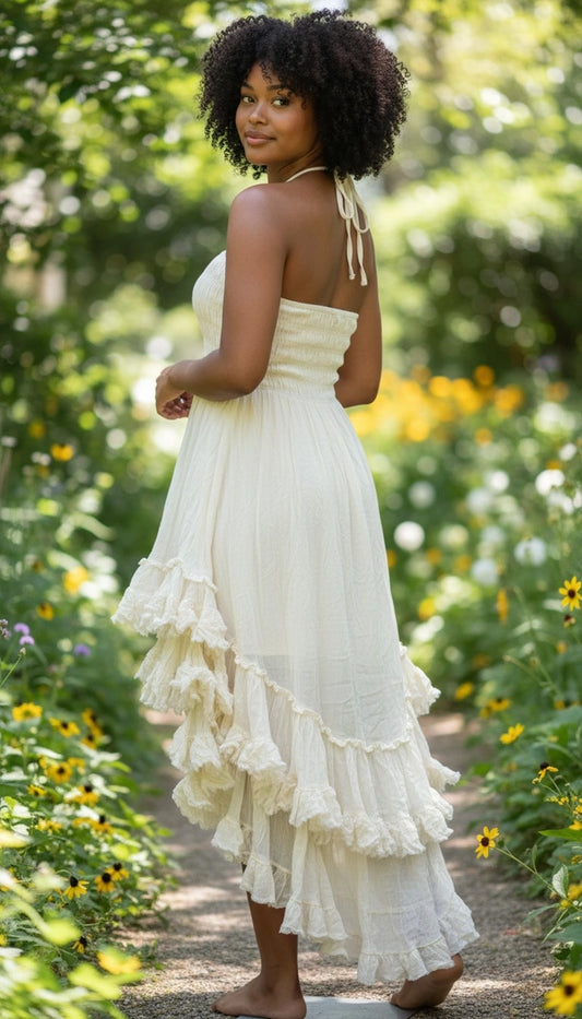 Back view of the ivory high-low cotton dress showcasing the smocked back and cascading ruffle hem.