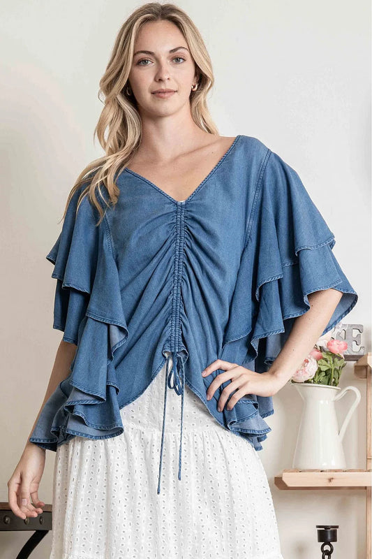 Tencel Cinched up top that is adjustable/ Ruffles at sleeves adding texture to your already Fabulous look.
