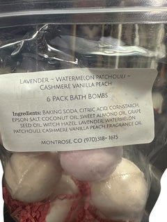 6 Pack Bath Bombs ~Lavender-Watermelon Patchouli~ Cashmere Vanilla Peach