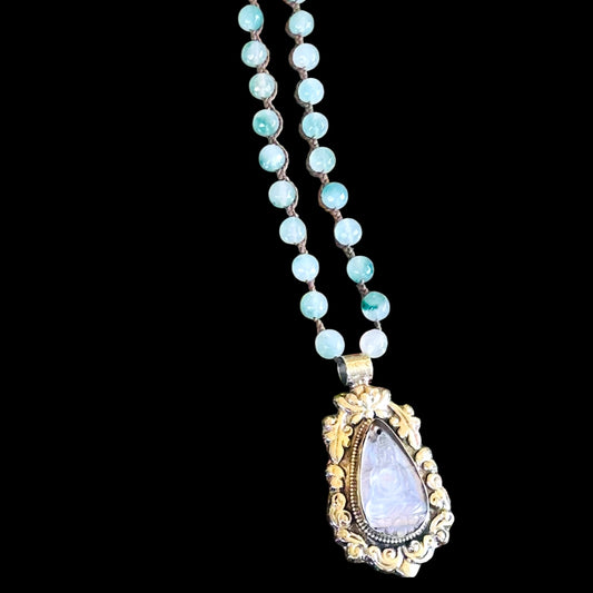 Buddha Clear Quartz on German Silver with Bue Jade Beads. Handmade Item by Artist: Tara Gasparian