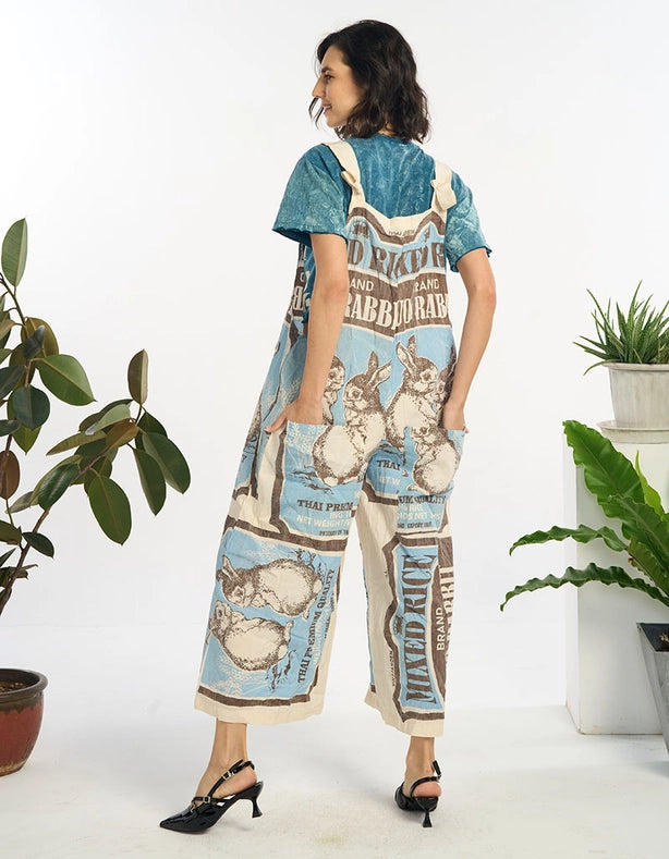 Vintage Print Bunny Days Ahead Cropped Overalls