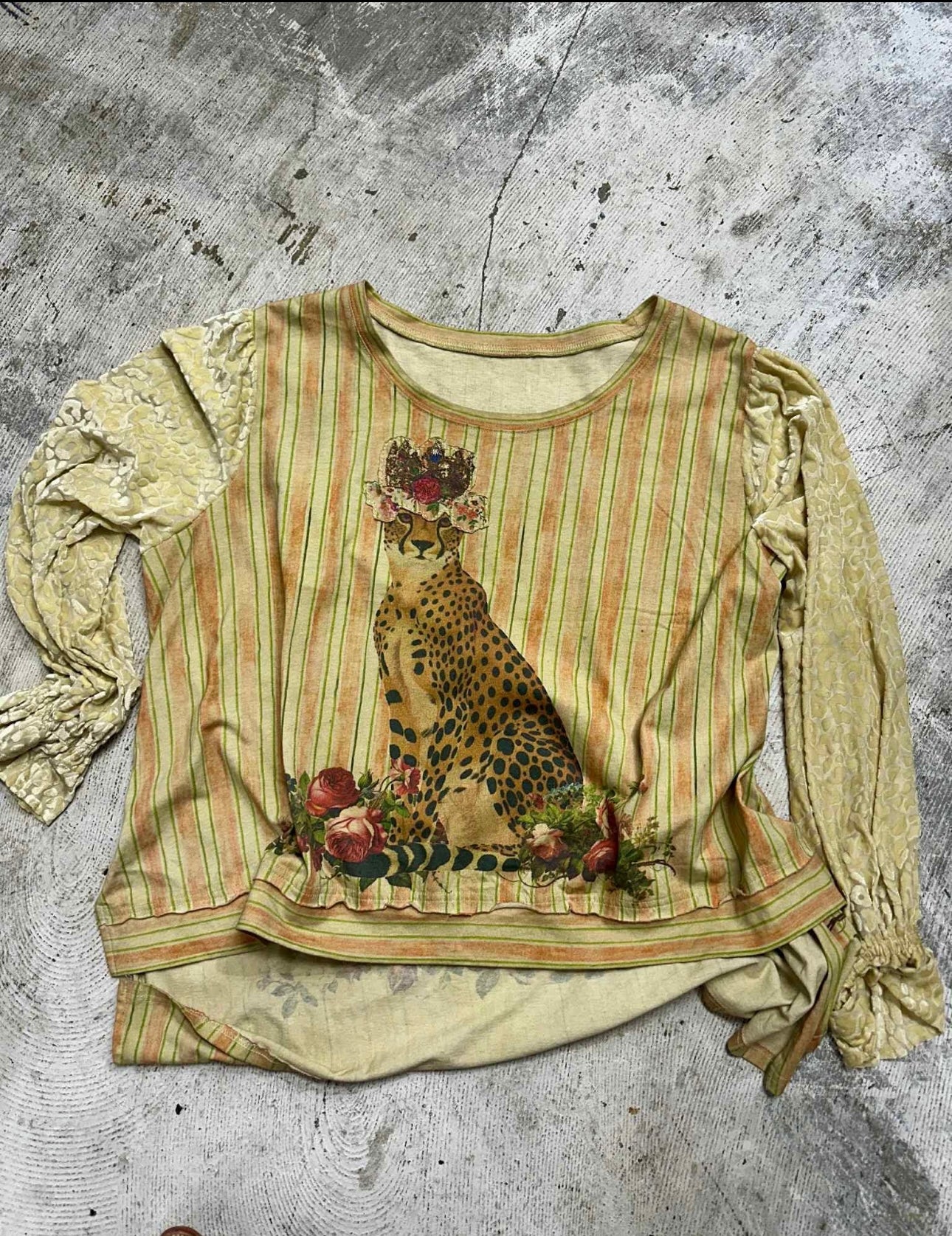 Rare Bird-Cheetah Top. Applique. Belvet Burnout. Handmade Items by A Rare Bird. Design and Artwork  by A Rare Bird. unique Clothing. Boho-chic. Whimical Clothing. High-Low Top.