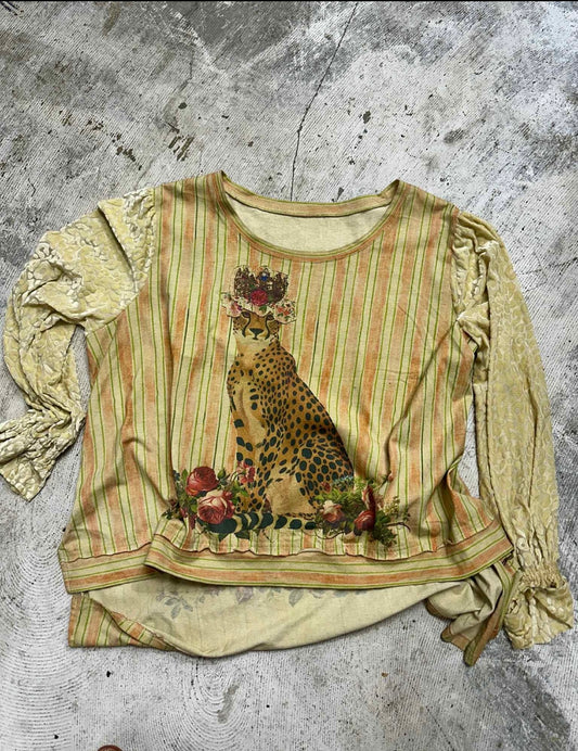 Rare Bird-Cheetah Top. Applique. Belvet Burnout. Handmade Items by A Rare Bird. Design and Artwork  by A Rare Bird. unique Clothing. Boho-chic. Whimical Clothing. High-Low Top.