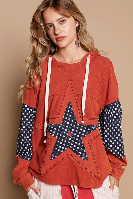Star Patch-Work Hoodie Top