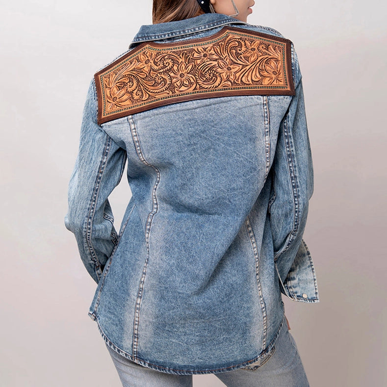 Tooled Leather Denim Top