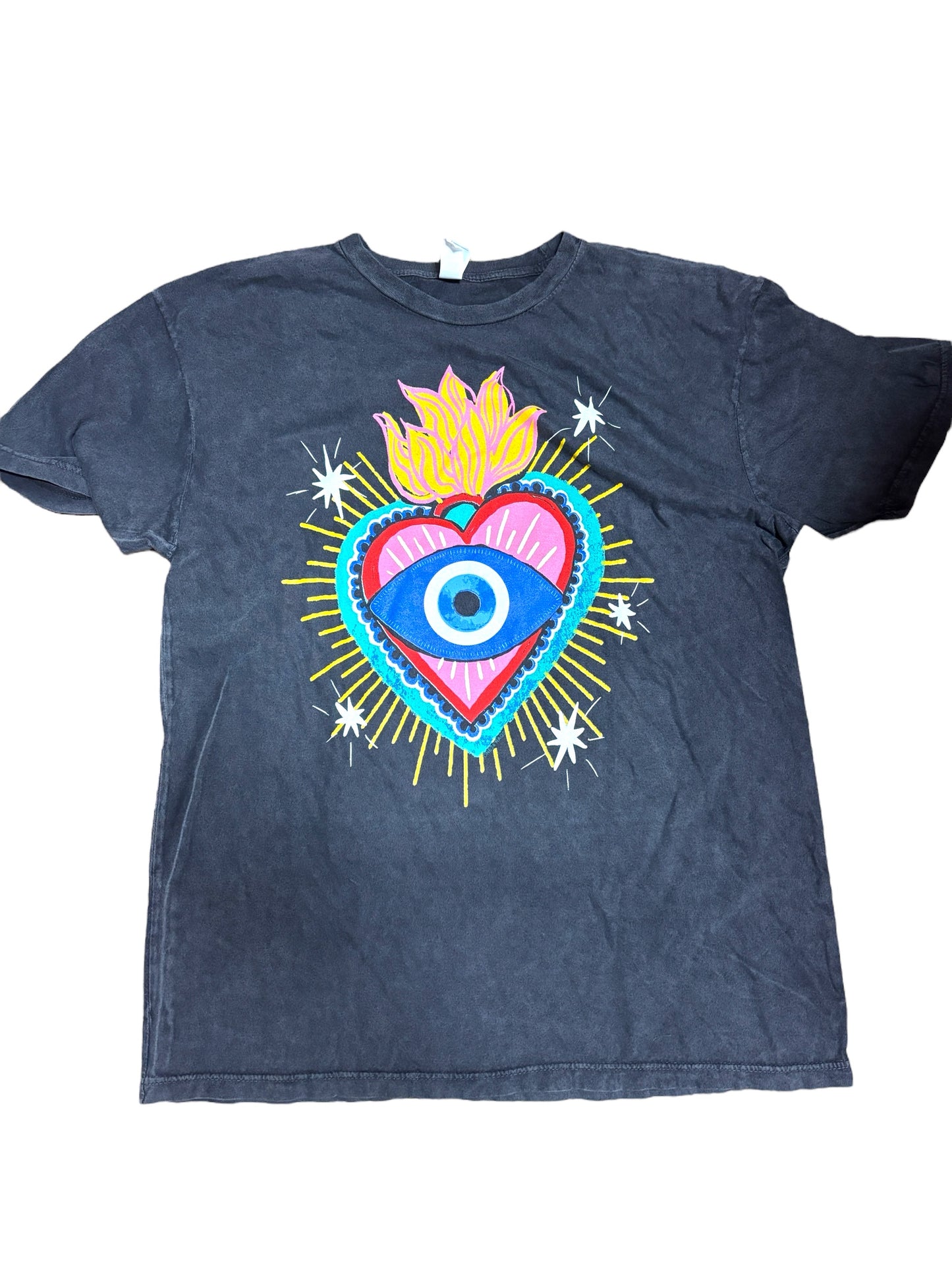 Mineral Washed Dark Grey T-shirt with Sacred Heart and Evil Eye Design. Original Design made by One24 Rags.
