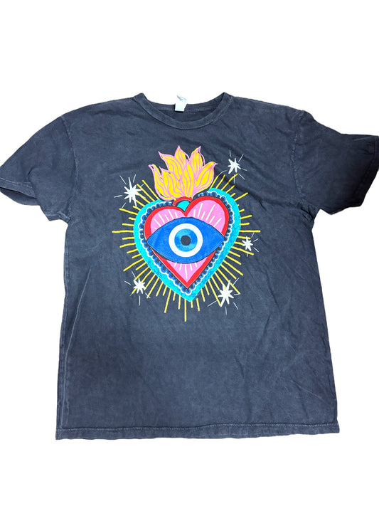 Mineral Washed Dark Grey T-shirt with Sacred Heart and Evil Eye Design. Original Design made by One24 Rags.