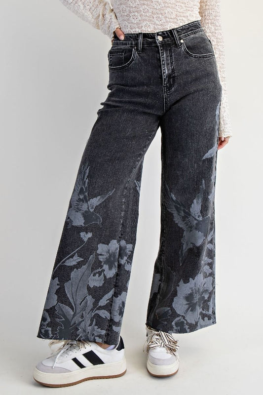 Mineral washed pants with Floral designs with birds. These pants are a fun statement piece to add to your wardrobe. Made by Easel