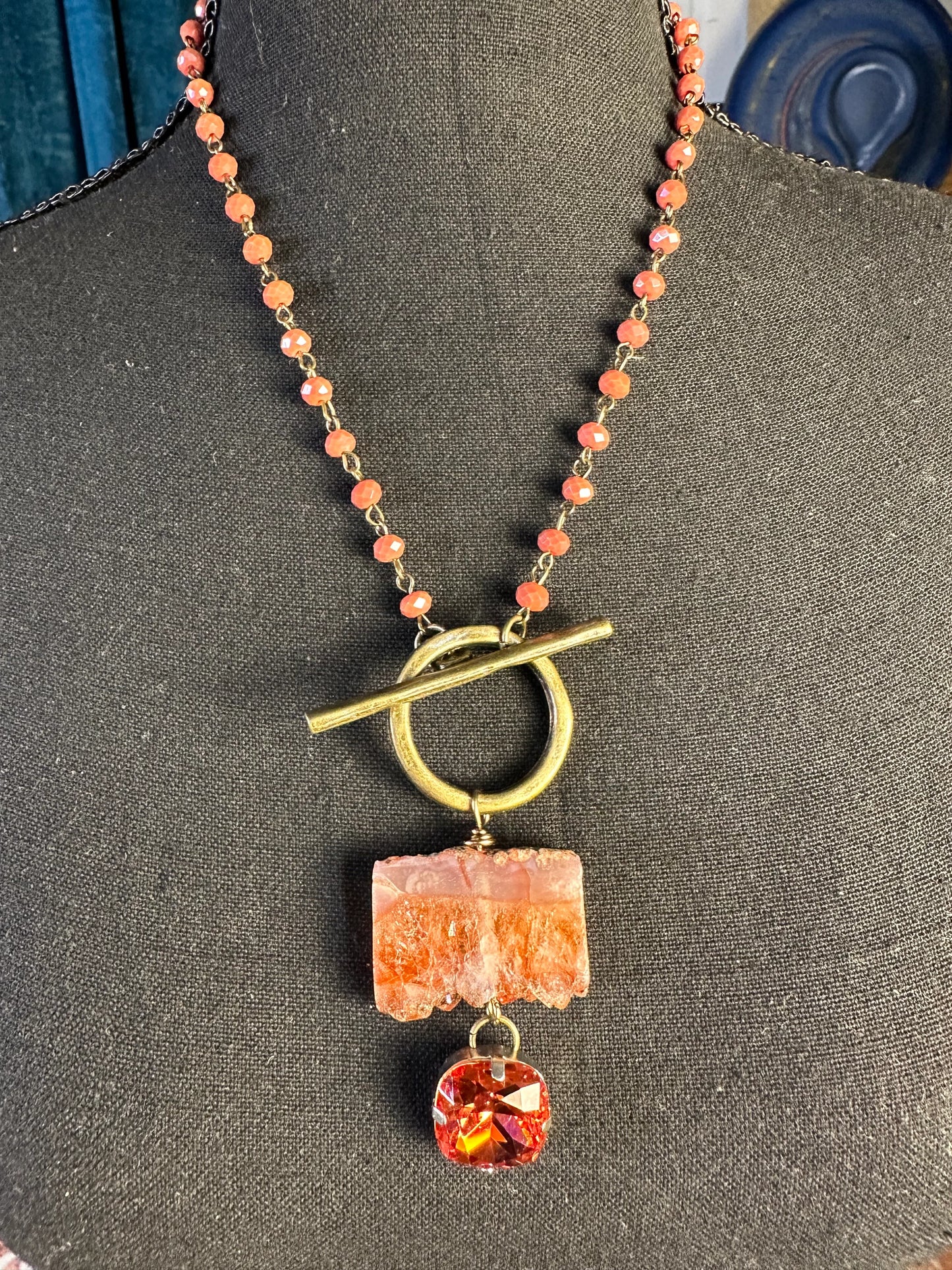 Stone Necklace with Coral Crystal