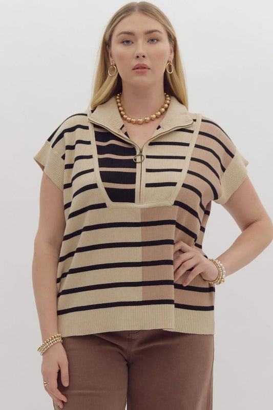 Knit Striped Sweater with a roomy fit. Functional Zipper in front.
