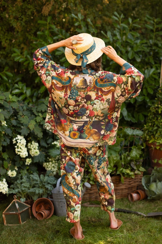 Stay Gold Linen Cropped Artist Pants with Bees, Floral & Rabbit