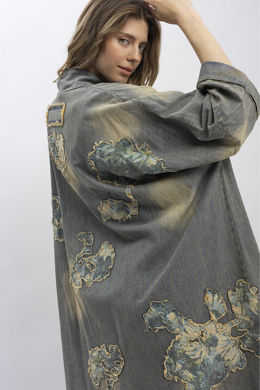 Oversized, lightweight, Kimono-overlay. Beautiful floral appliques and fringe detail. Truly wearable art and very Boho-chic. You will be stopped and asked where you got this wonderful piece. This item is made by Blue Velvet
