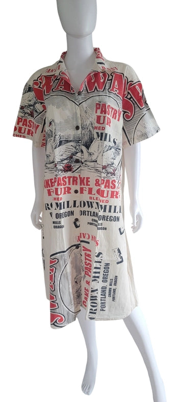 Vintage Print Dress. Can be worn open as a Duster. Has Portland, or. Printed on with pastry/flour sack.