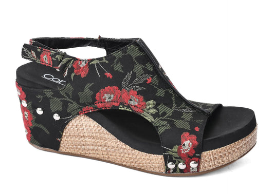 Carley by Corkys Black Red Floral Wedges