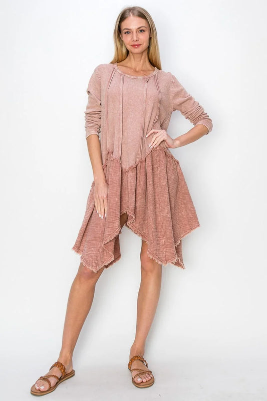 Mineral Washed Tunic with a Hankerchief bottom and a raw edge hem. 
BRAND: J.HER