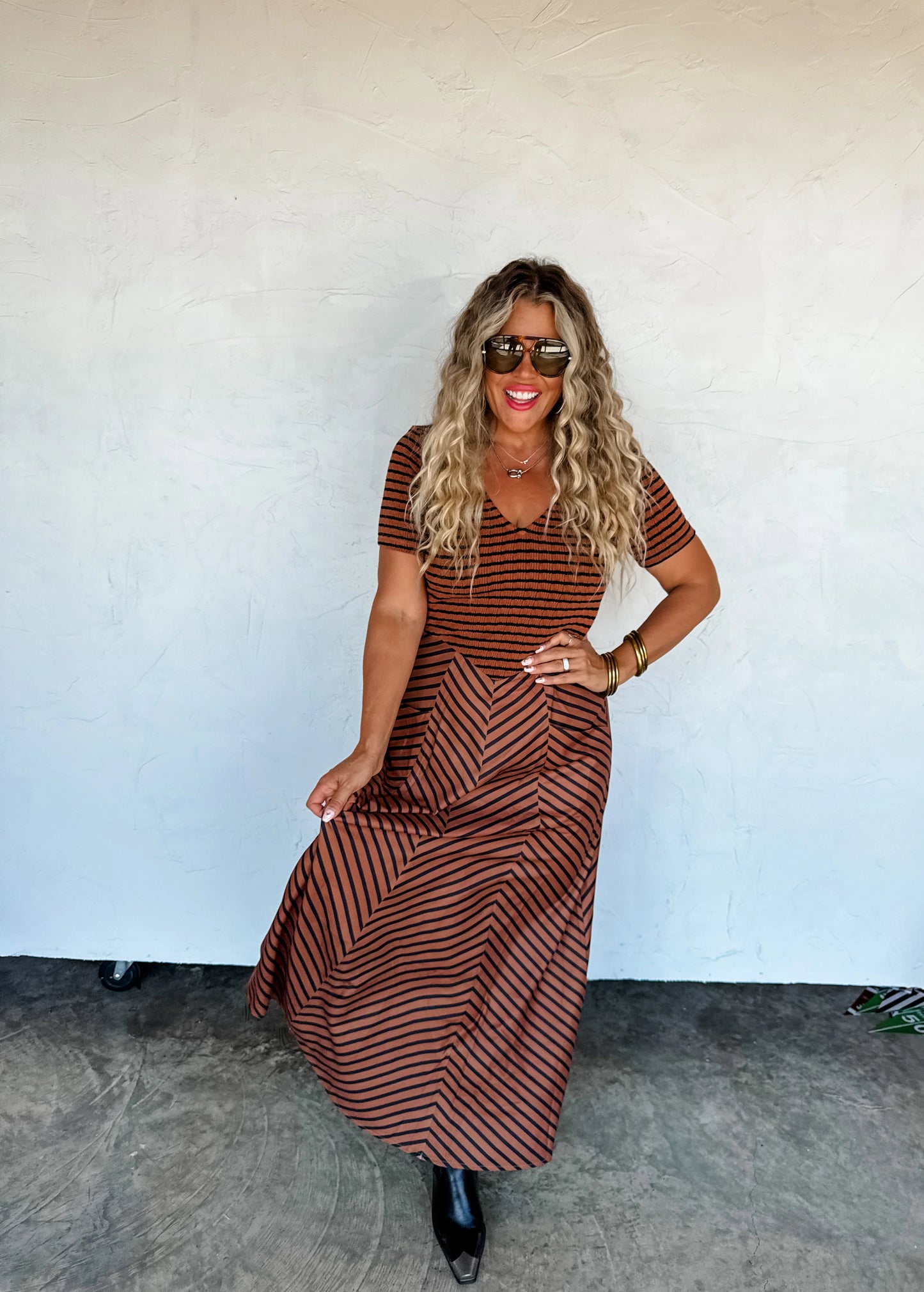 Calista Dress by Blakely with knit bodice and striped A-line skirt — all-season boho style.

