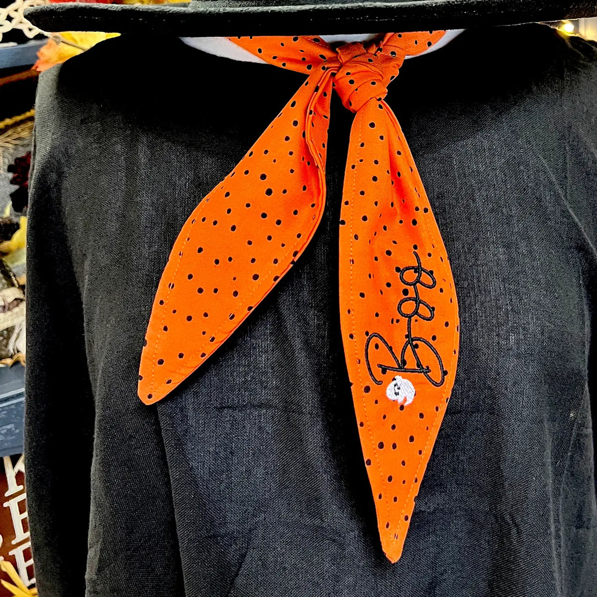 Orange Boo Halloween ascot scarf by Funky Soul with black dots and embroidered BOO and ghost detail