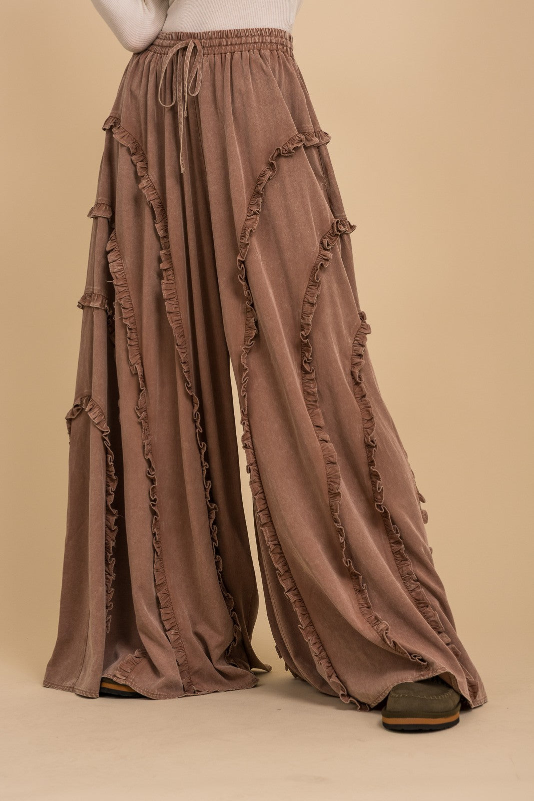 Moonlit Muse Mineral-Washed Ruffle Wide-Leg Pants by BlueVelvet