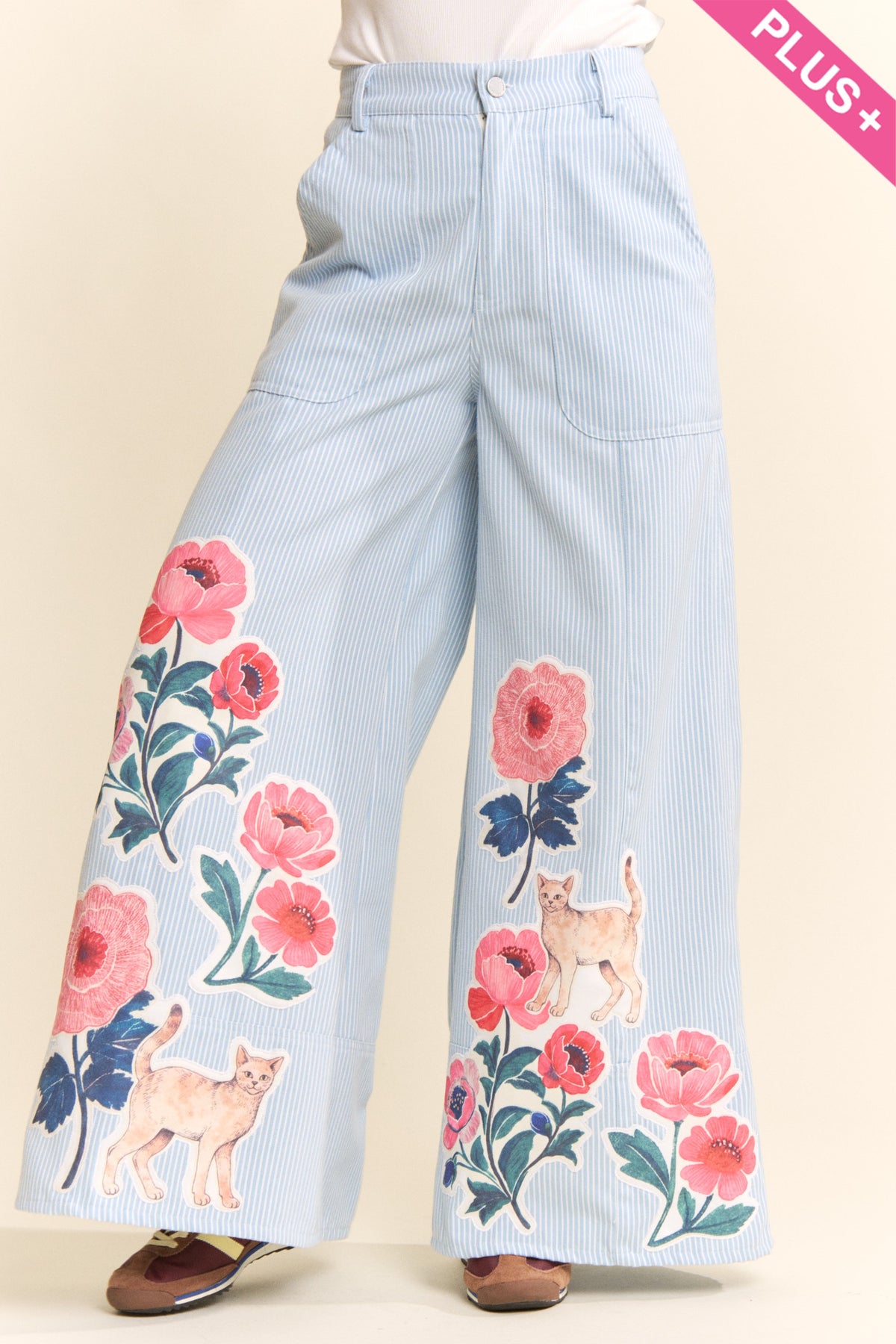 Blue pinstripe wide leg pants by Davi & Dani with pink flowers and cat applique artwork