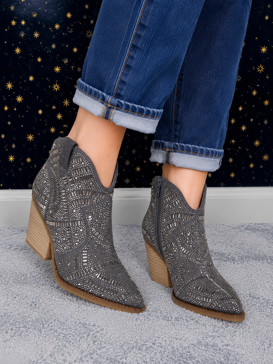 Very G One Day smoky gray rhinestone ankle boots with pointed toe, stacked heel, and side zipper.