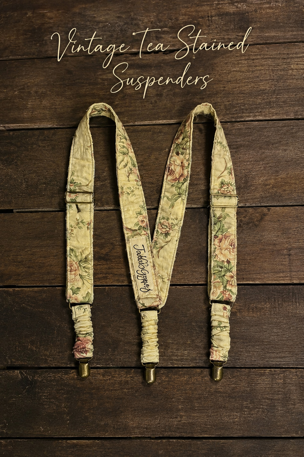 Quilted vintage floral gypsy suspenders with adjustable cotton straps and brass clips in boho patterns