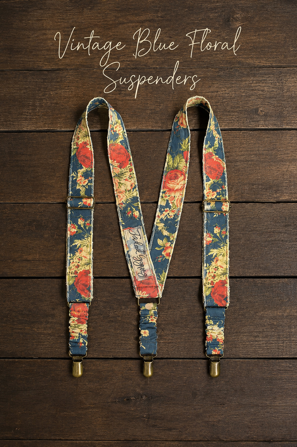 Quilted vintage floral gypsy suspenders with adjustable cotton straps and brass clips in boho patterns