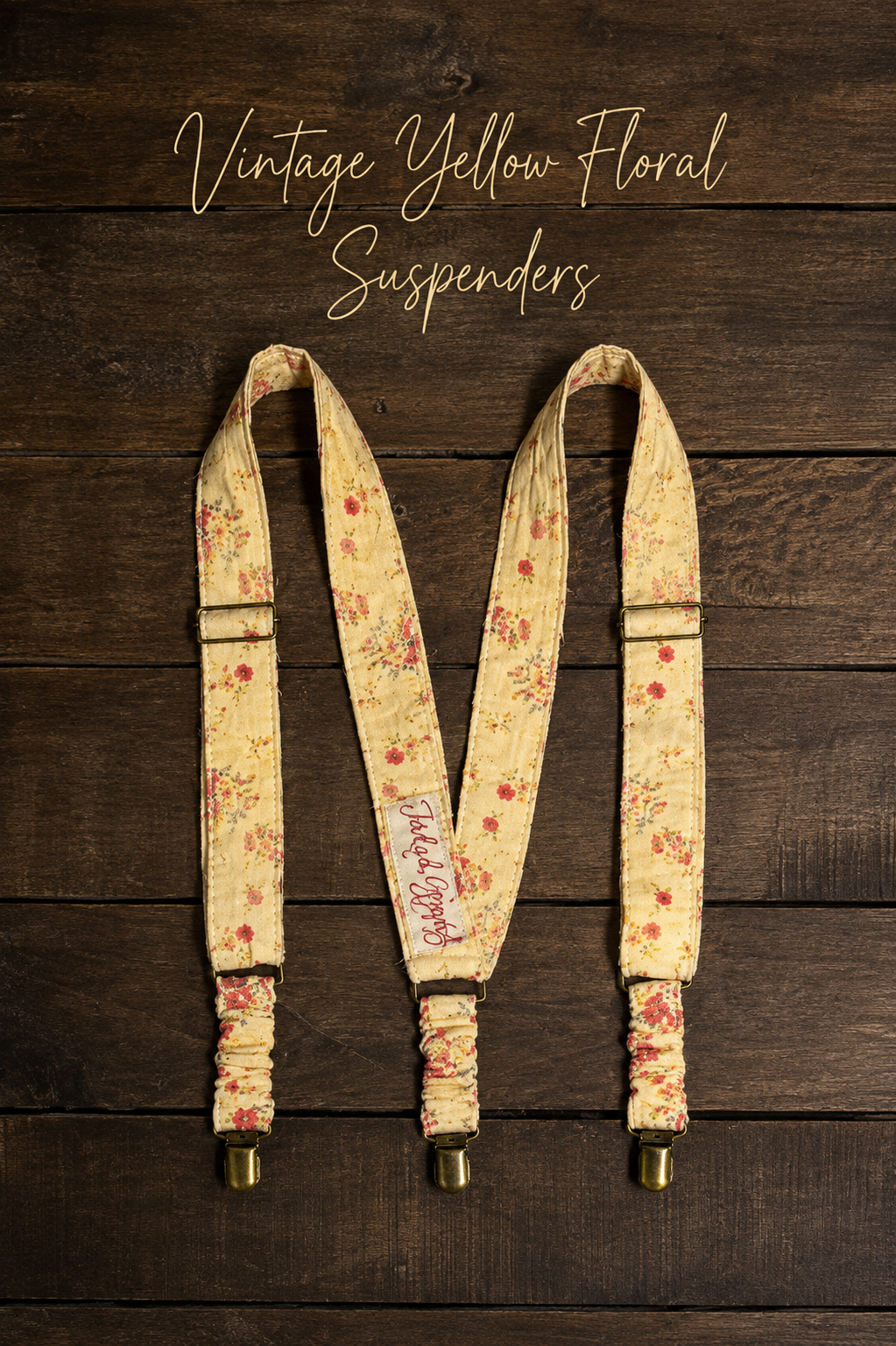 Quilted vintage floral gypsy suspenders with adjustable cotton straps and brass clips in boho patterns
