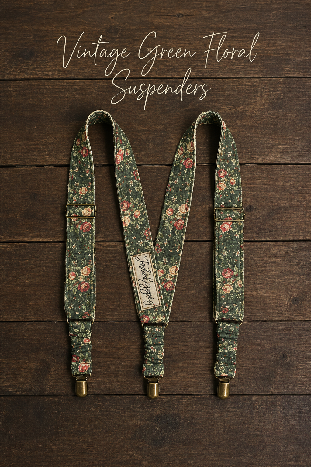 Quilted vintage floral gypsy suspenders with adjustable cotton straps and brass clips in boho patterns