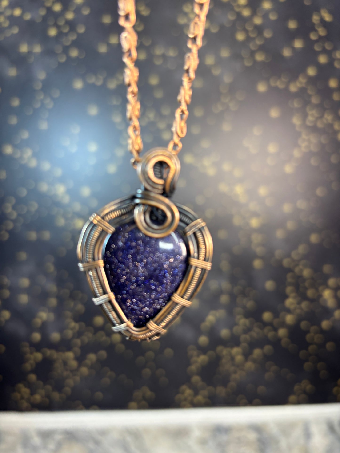 Blue Gold Stone With Copper Chain Wrap in boho eclectic style