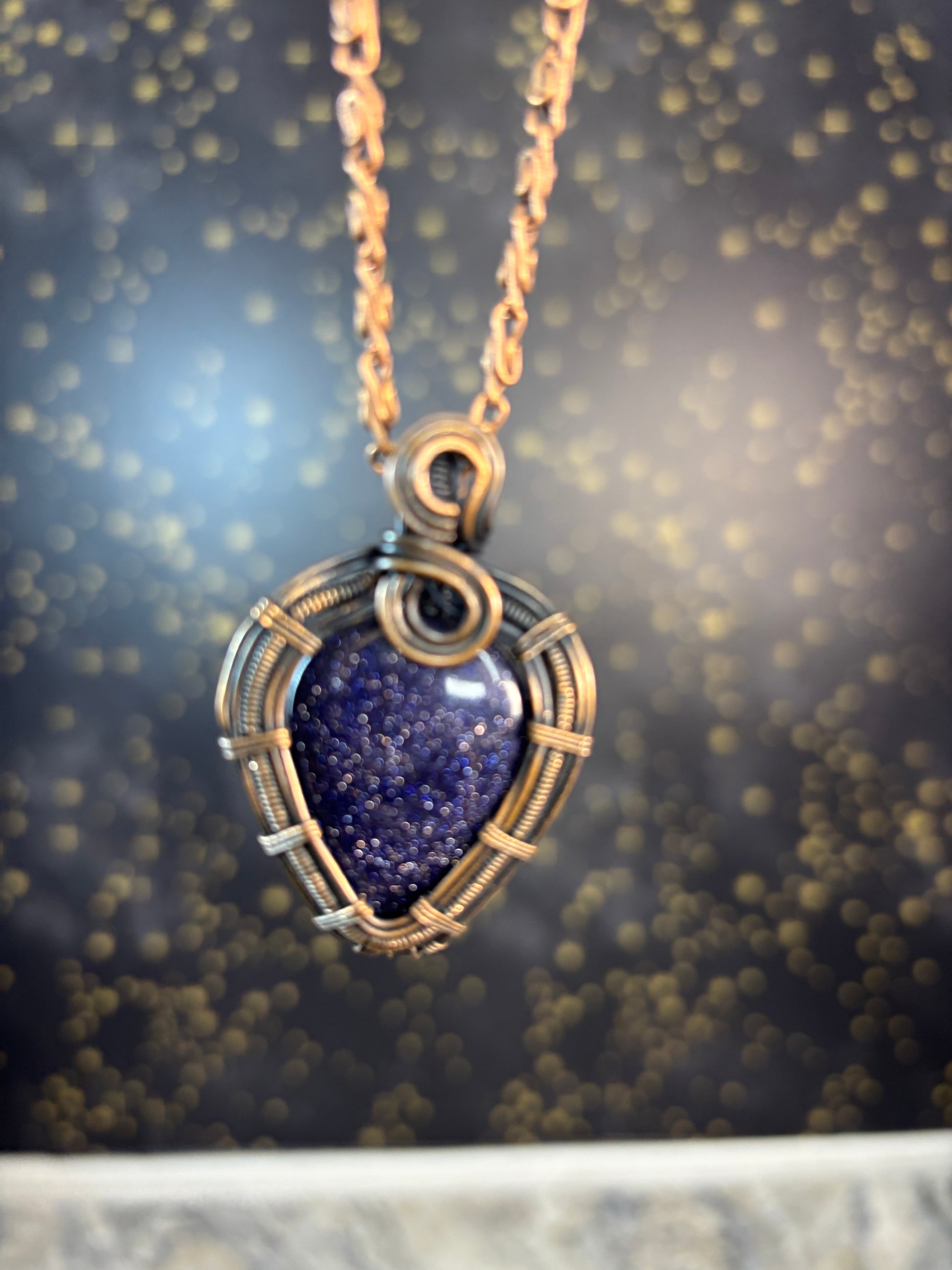 Blue Gold Stone With Copper Chain Wrap in boho eclectic style