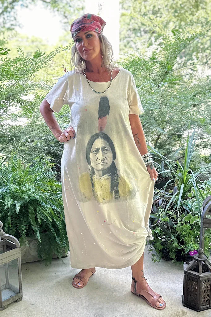 Moon View Dress by Jaded Gypsy featuring paint splatter artwork, distressed edges, adjustable hem tie, and relaxed boho fit.
