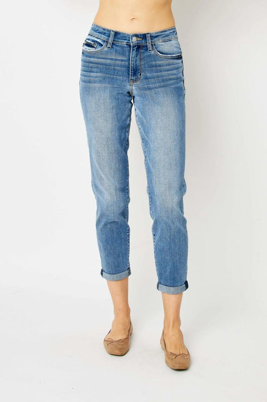 Woman wearing Keep It Cuffed Midrise Denim by Judy Blue in a light wash with a slim fit, cuffed hem, stretch denim, and functional front and back pockets.