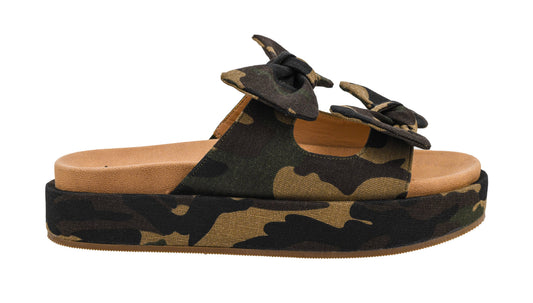 Camo Corkys platform sandals with knotted straps, 1.5 inch flatform sole, and cushioned neoprene insole in women’s sizes 7 to 11