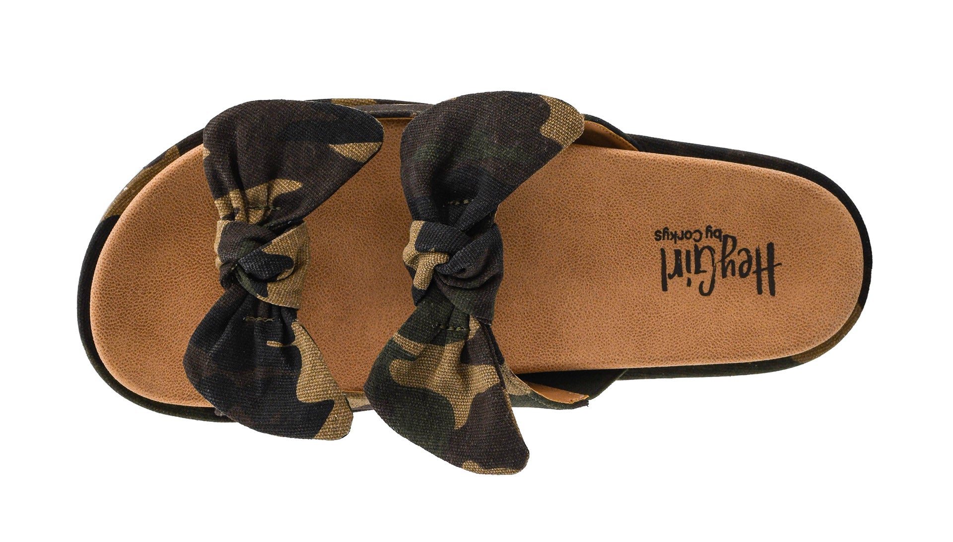 Camo Corkys platform sandals with knotted straps, 1.5 inch flatform sole, and cushioned neoprene insole in women’s sizes 7 to 11