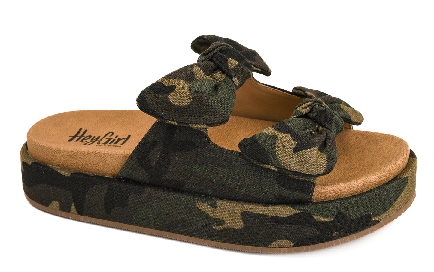 Camo Corkys platform sandals with knotted straps, 1.5 inch flatform sole, and cushioned neoprene insole in women’s sizes 7 to 11