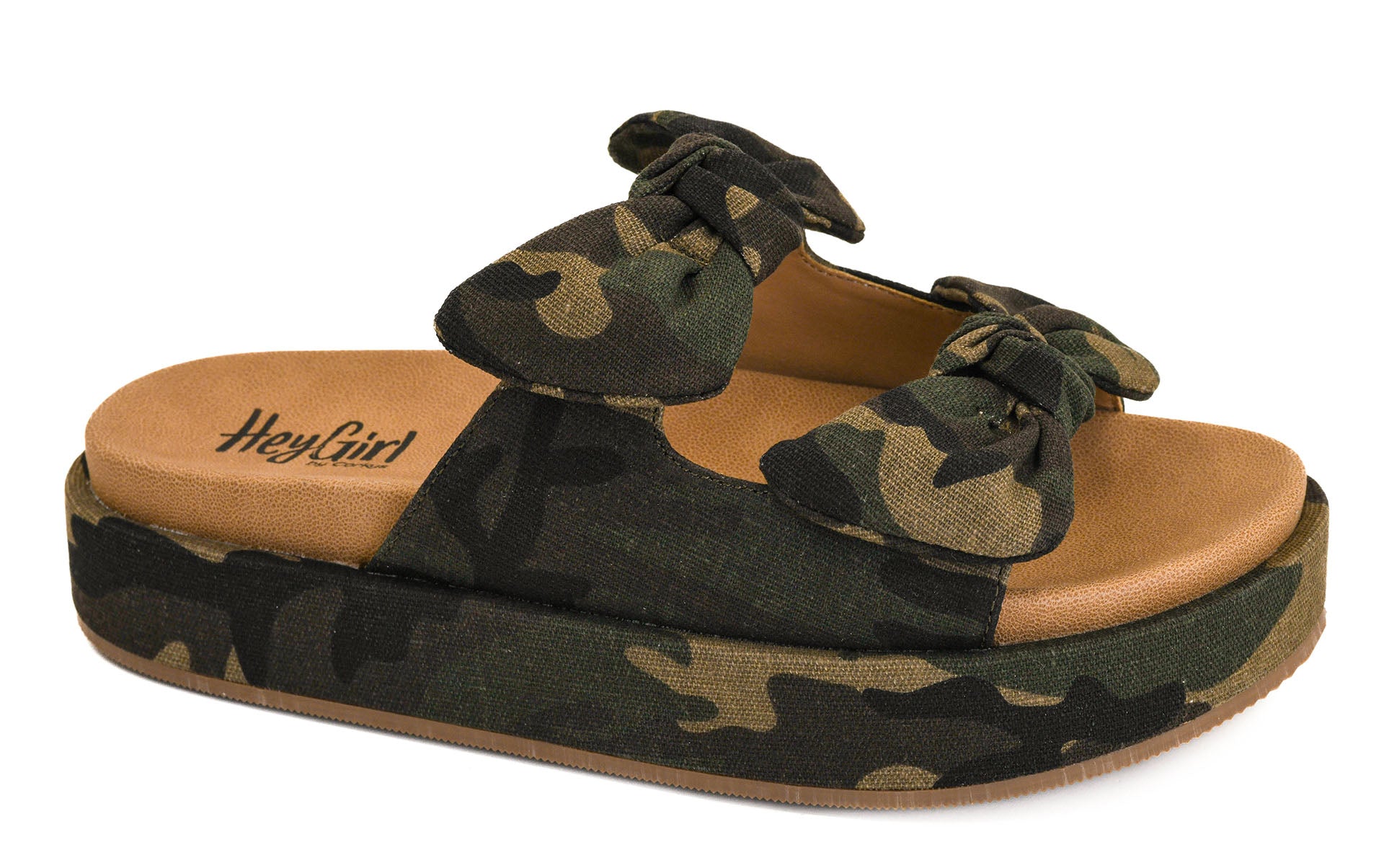 Camo Corkys platform sandals with knotted straps, 1.5 inch flatform sole, and cushioned neoprene insole in women’s sizes 7 to 11