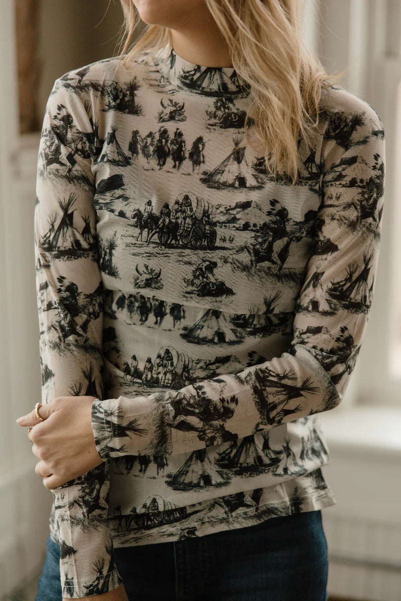 Scenic print mesh long sleeve top by Sterling Kreek with fitted silhouette