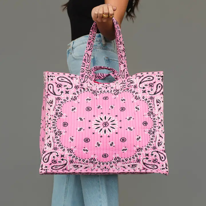 Pink Bandana Tote by Panache Apparel Co featuring a quilted cotton paisley print with shoulder straps, carry handles, and spacious interior.
