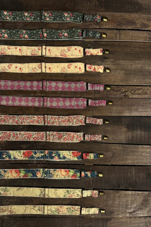 Quilted vintage floral gypsy suspenders with adjustable cotton straps and brass clips in boho patterns